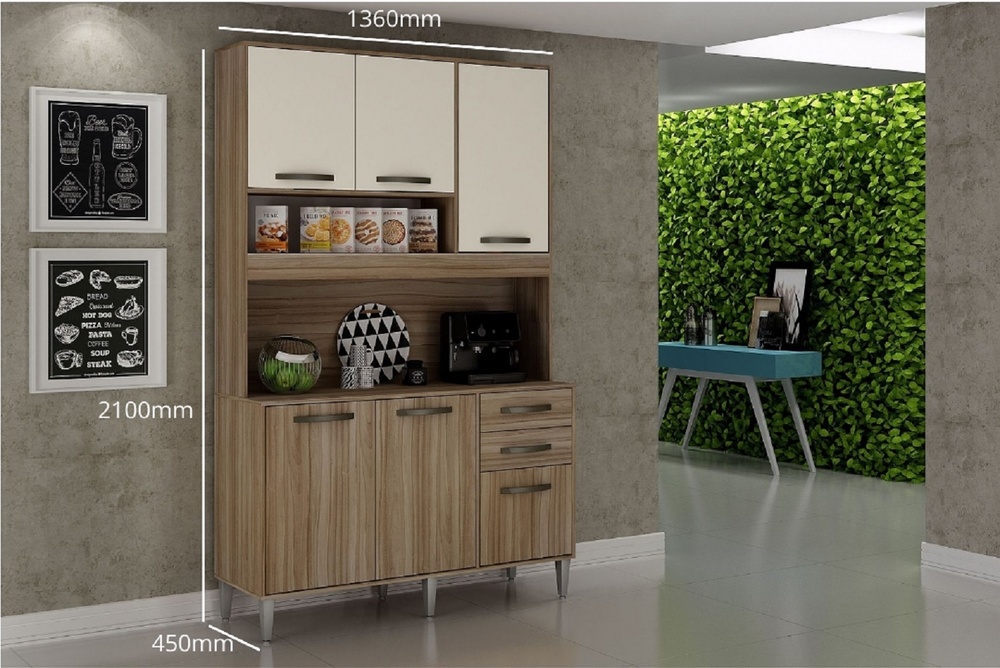 Armário para Cozinha 5 Portas 2 Gavetas Cristal Style CHF Moveis Cedro/Off White