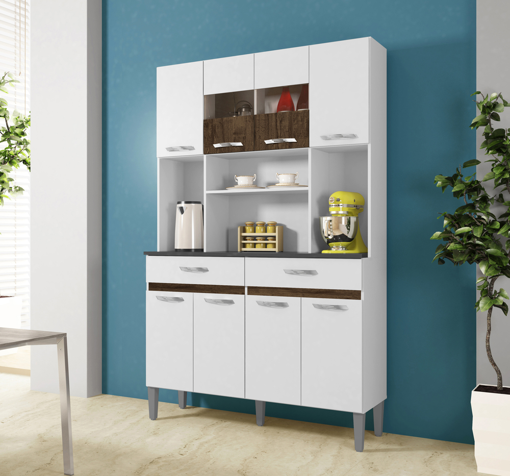 Armario de Cozinha 8 Portas 2 Gavetas Onix CHF Moveis Branco/Imbuia