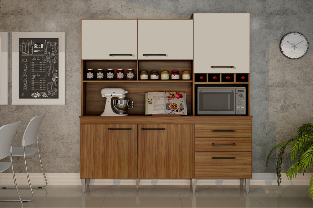 Armario para Cozinha 6 Portas 2 Gavetas Ebano CHF Moveis Carvalho/Off White