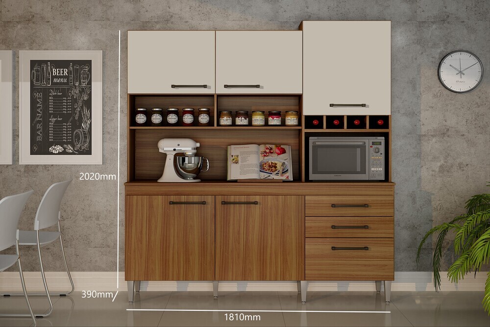 Armario para Cozinha 6 Portas 2 Gavetas Ebano CHF Moveis Carvalho/Off White