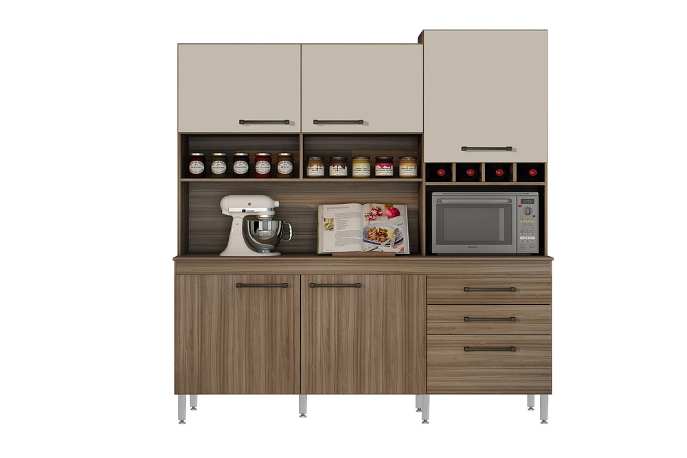 Armario para Cozinha 6 Portas 2 Gavetas Ebano CHF Moveis Cedro/Off White
