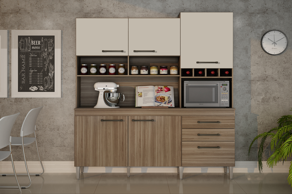 Armario para Cozinha 6 Portas 2 Gavetas Ebano CHF Moveis Cedro/Off White