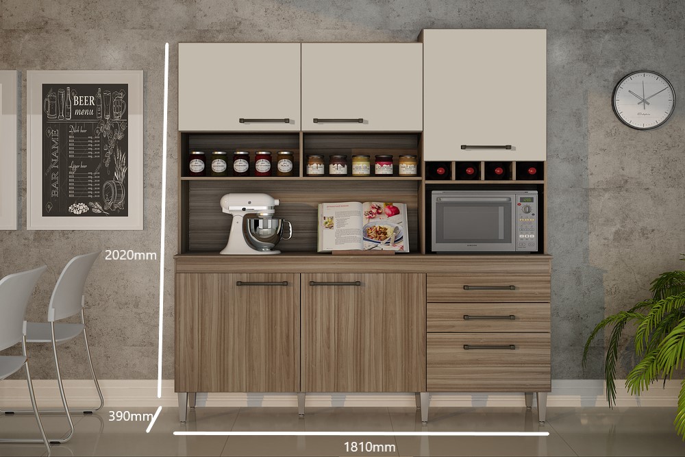 Armario para Cozinha 6 Portas 2 Gavetas Ebano CHF Moveis Cedro/Off White