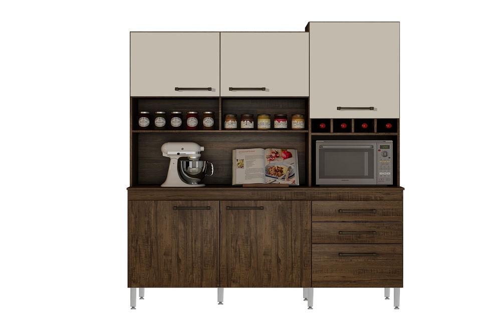 Armario para Cozinha 6 Portas 2 Gavetas Ebano CHF Moveis Imbuia/Off White