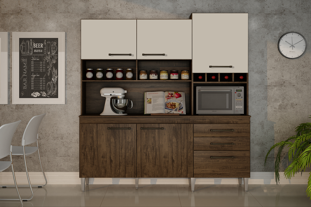 Armario para Cozinha 6 Portas 2 Gavetas Ebano CHF Moveis Imbuia/Off White