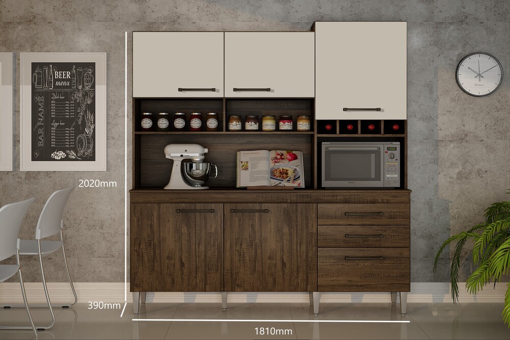 Armario para Cozinha 6 Portas 2 Gavetas Ebano CHF Moveis Imbuia/Off White
