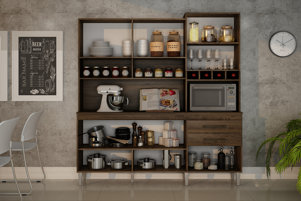 Armario para Cozinha 6 Portas 2 Gavetas Ebano CHF Moveis Imbuia/Off White