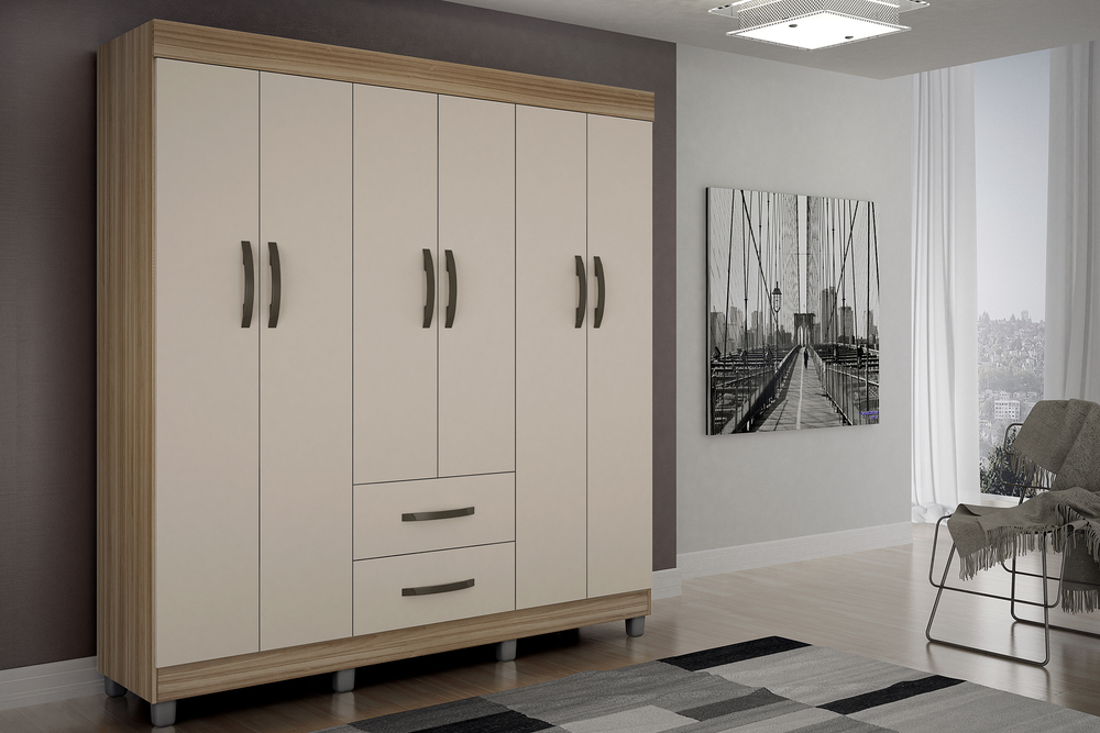 Guarda Roupa Casal 6 Portas 2 Gavetas Paris CHF Moveis Cedro/Off White