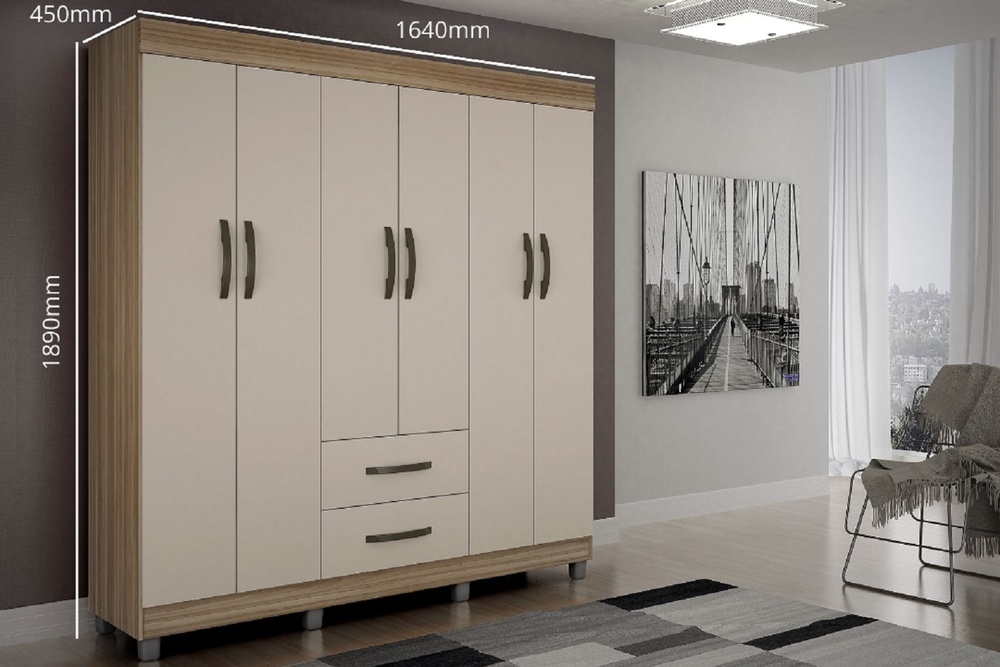 Guarda Roupa Casal 6 Portas 2 Gavetas Paris CHF Moveis Cedro/Off White