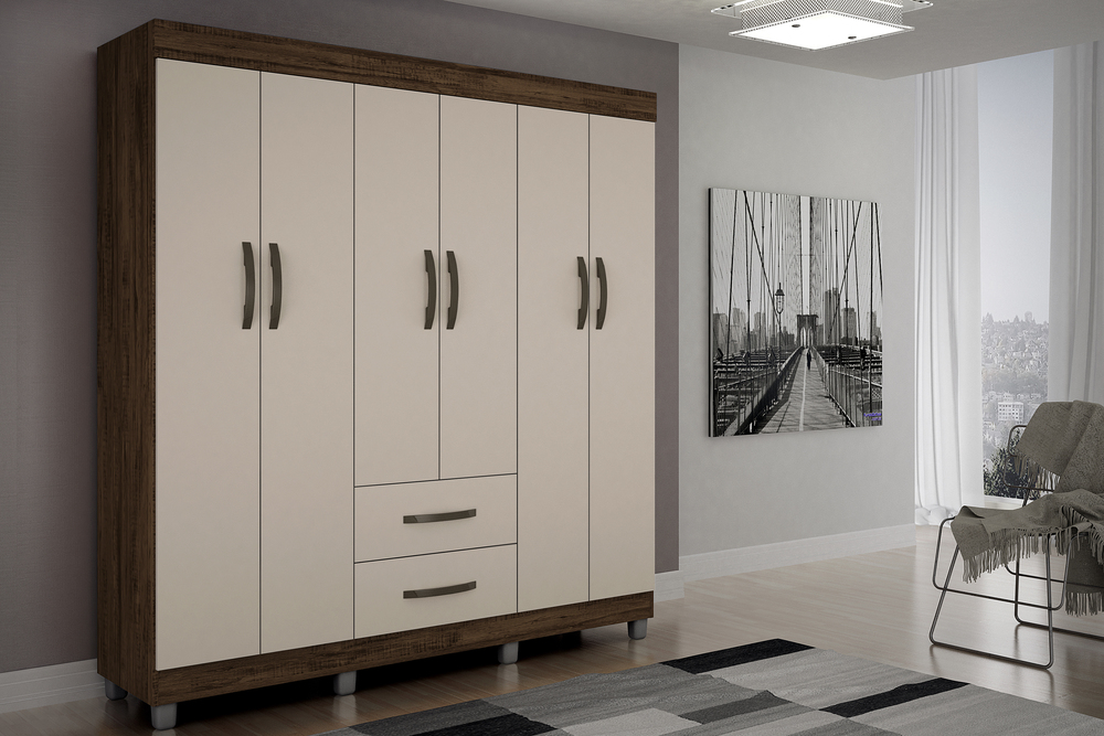 Guarda Roupa Casal 6 Portas 2 Gavetas Paris CHF Moveis Imbuia/Off White