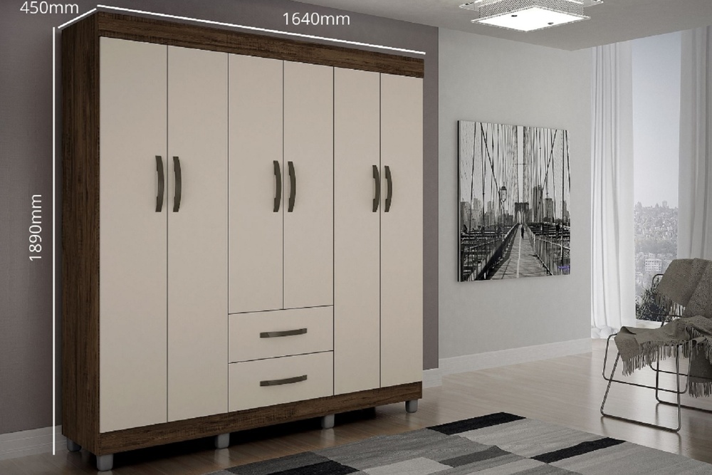 Guarda Roupa Casal 6 Portas 2 Gavetas Paris CHF Moveis Imbuia/Off White