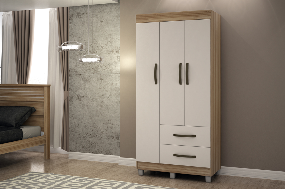 Guarda-Roupa Solteiro 3 Portas 2 Gavetas Paris CHF Moveis Cedro/Off White