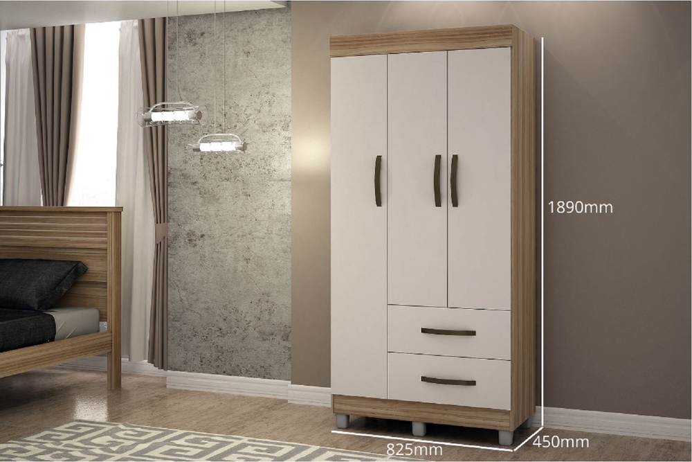 Guarda-Roupa Solteiro 3 Portas 2 Gavetas Paris CHF Moveis Cedro/Off White