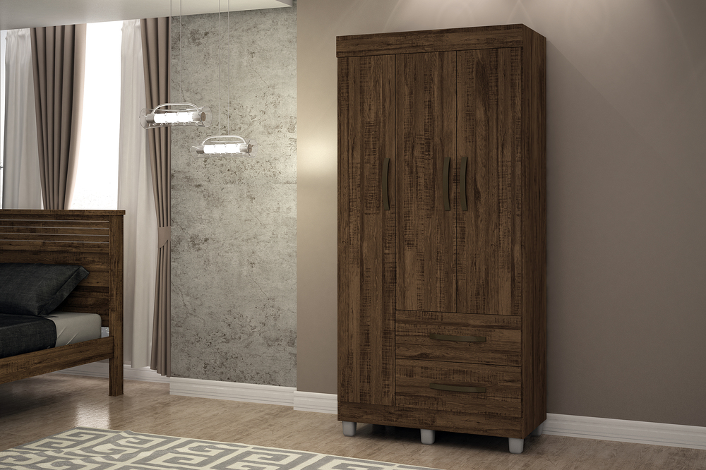 Guarda-Roupa Solteiro 3 Portas 2 Gavetas Paris CHF Moveis Imbuia