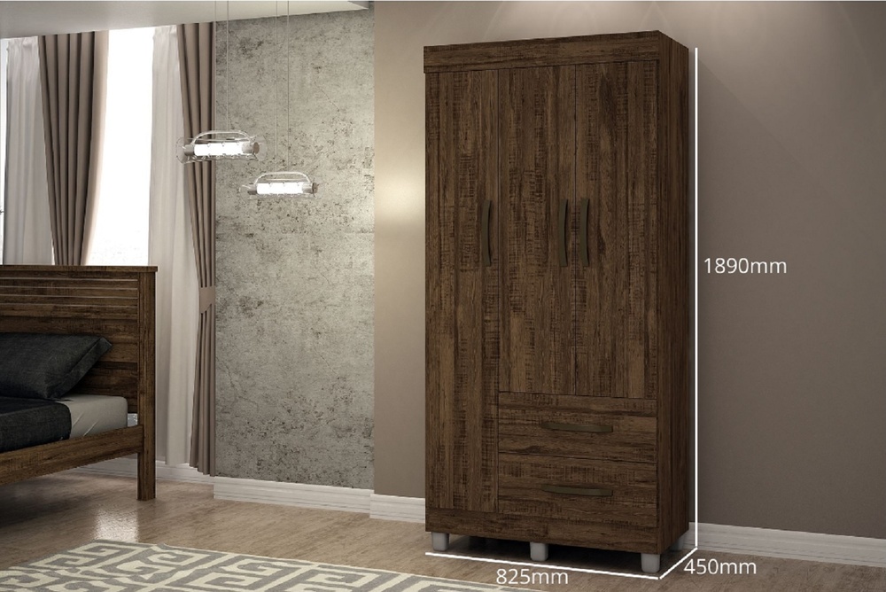 Guarda-Roupa Solteiro 3 Portas 2 Gavetas Paris CHF Moveis Imbuia