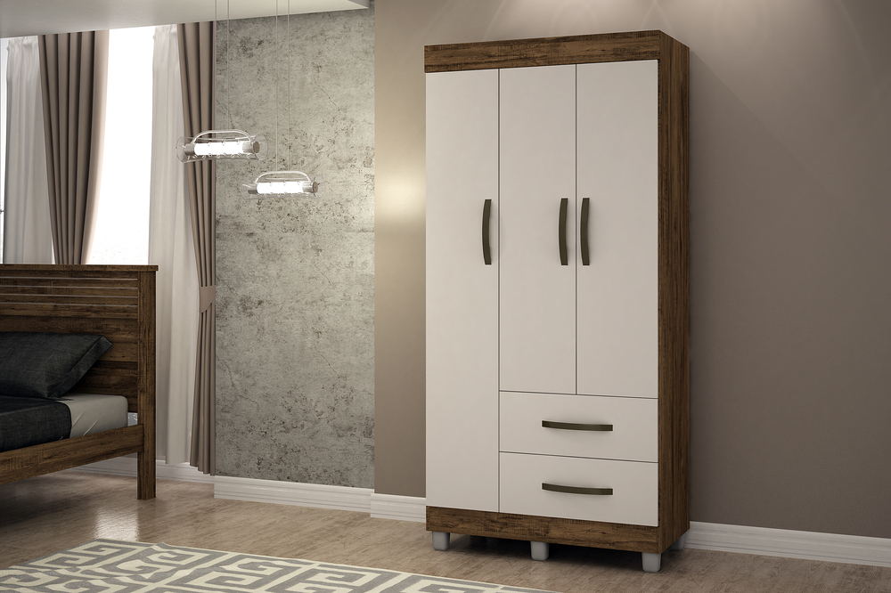 Guarda-Roupa Solteiro 3 Portas 2 Gavetas Paris CHF Moveis Imbuia/Off White