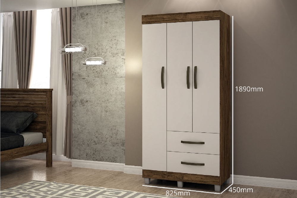Guarda-Roupa Solteiro 3 Portas 2 Gavetas Paris CHF Moveis Imbuia/Off White