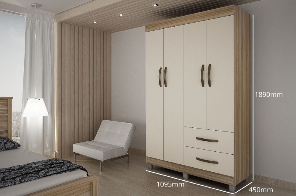 Guarda Roupa Solteiro 4 Portas 2 Gavetas Paris CHF Moveis Cedro/Off White