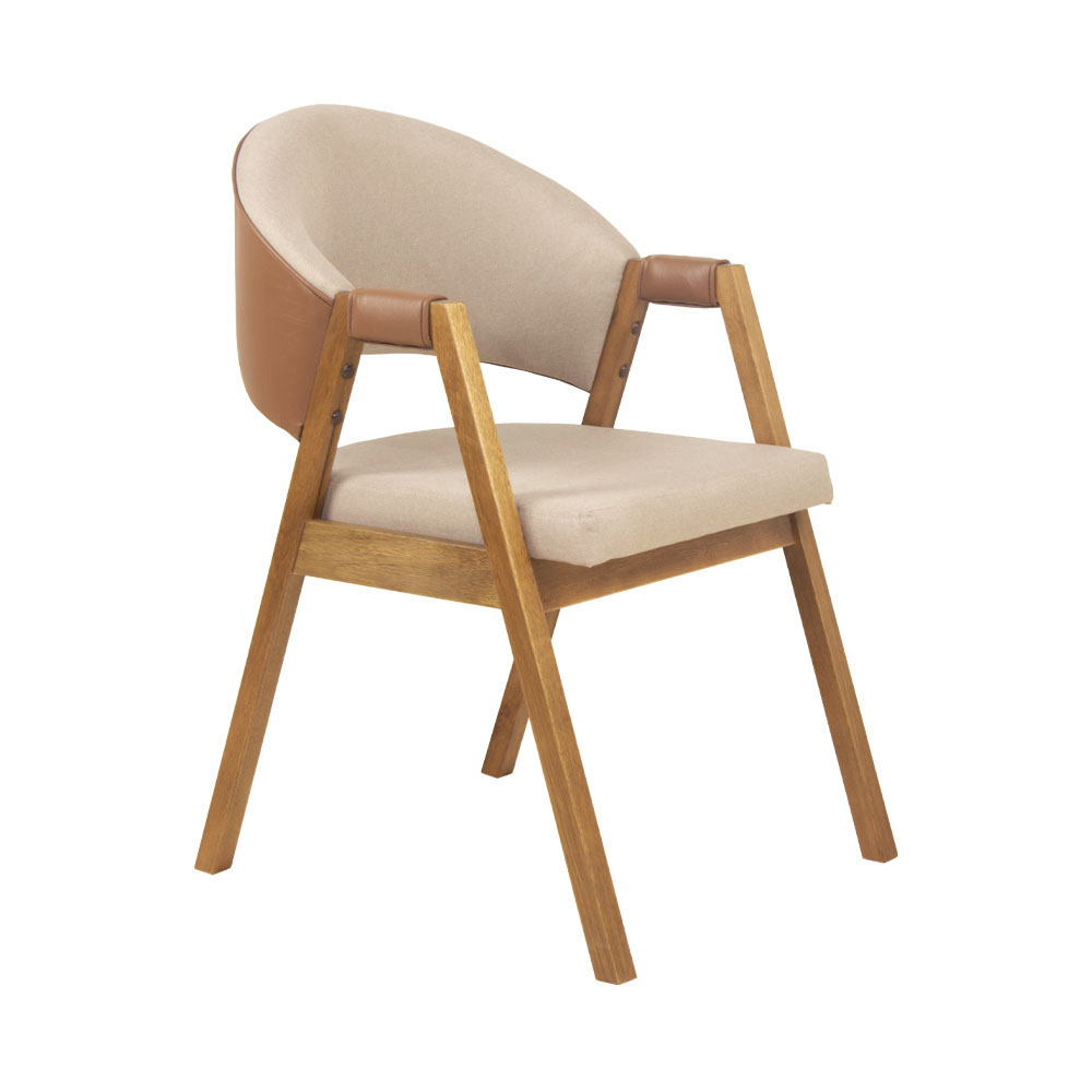 Cadeira de Jantar Estofada Litchi Amêndoa com Linho Off White e Korino Caramelo - 58984