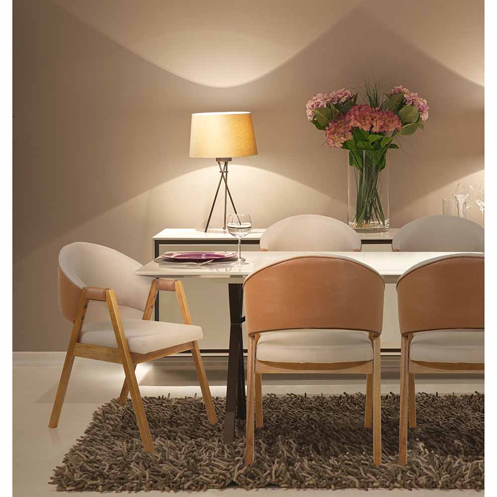 Cadeira de Jantar Estofada Litchi Amêndoa com Linho Off White e Korino Caramelo - 58984