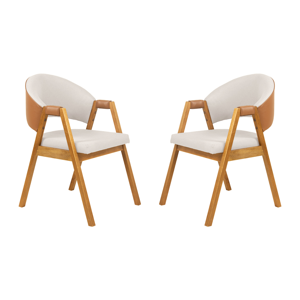 Conjunto 2 Cadeiras de Jantar Litchi Amêndoa com Linho Off White e Korino Caramelo - 59193