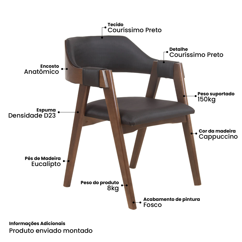 Conjunto 2 Cadeiras de Jantar Ottawa Cappuccino Korino Preto - 58985