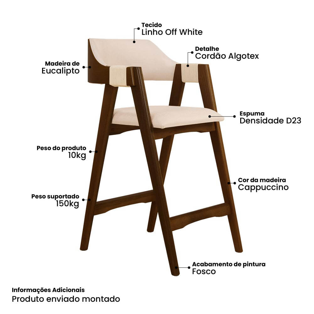 Conjunto 4 Banquetas Estofadas Ottawa Cappuccino e Linho Off White - 58950