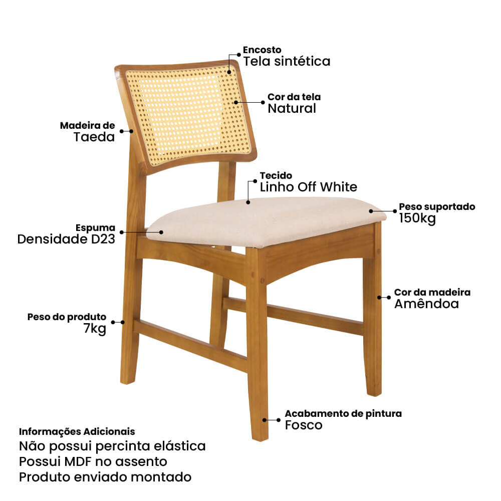 Conjunto 4 Cadeiras de Jantar Hanna Tela Natural e Linho Off White - WP 59095