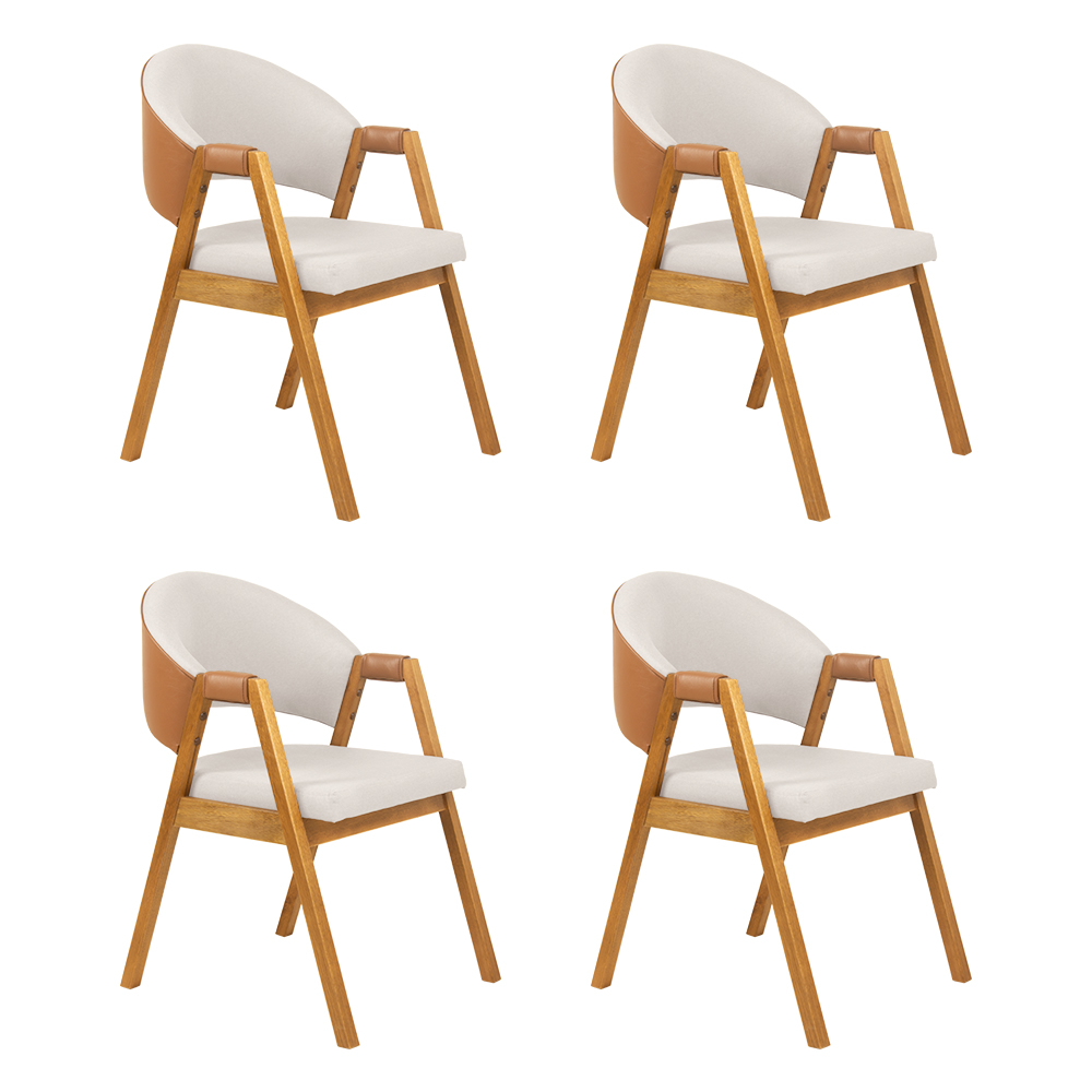 Conjunto 4 Cadeiras de Jantar Litchi Amêndoa com Linho Off White e Korino Caramelo - 59194