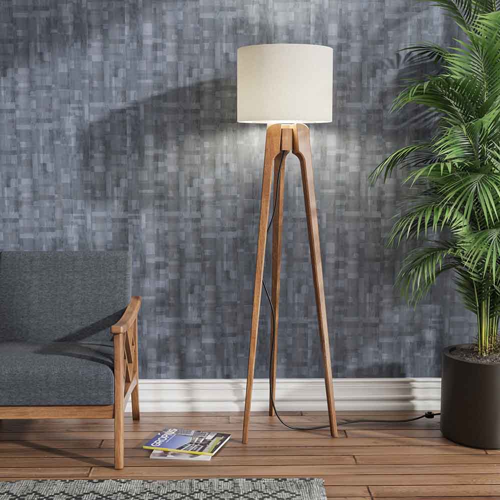 Luminária de Chão Allain Champagne e Linho Cru - Wood Prime VM 58477