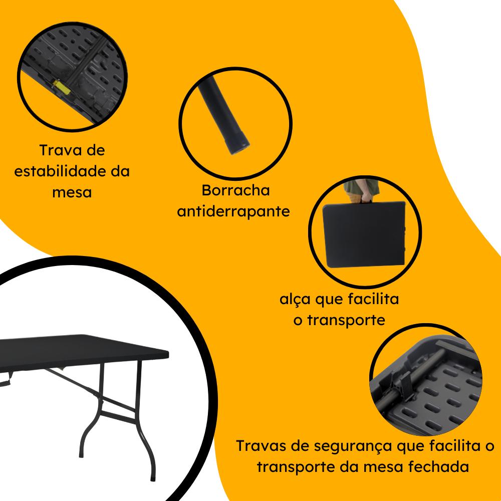 Mesa Dobrável de Plástico Preta 152 X 70 CM