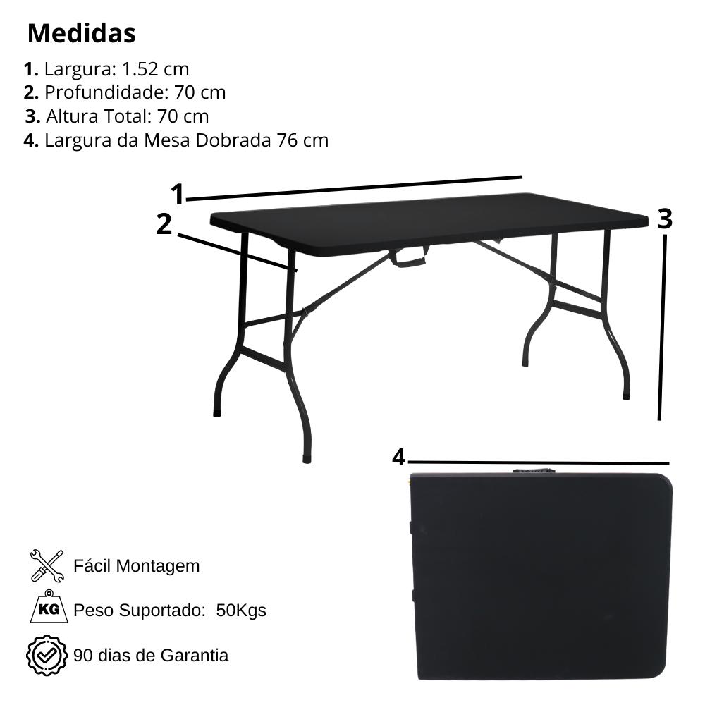 Mesa Dobrável de Plástico Preta 152 X 70 CM