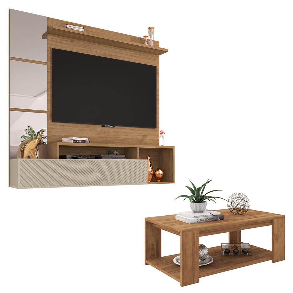 Conjunto Sala De Estar Mesa Painel Inbox Marrom Caemmun