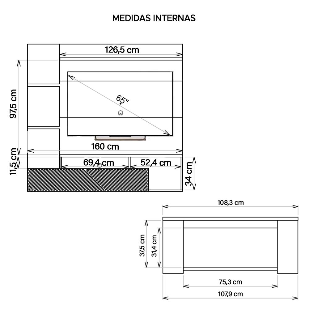 Conjunto Sala De Estar Mesa Painel Inbox Marrom Caemmun