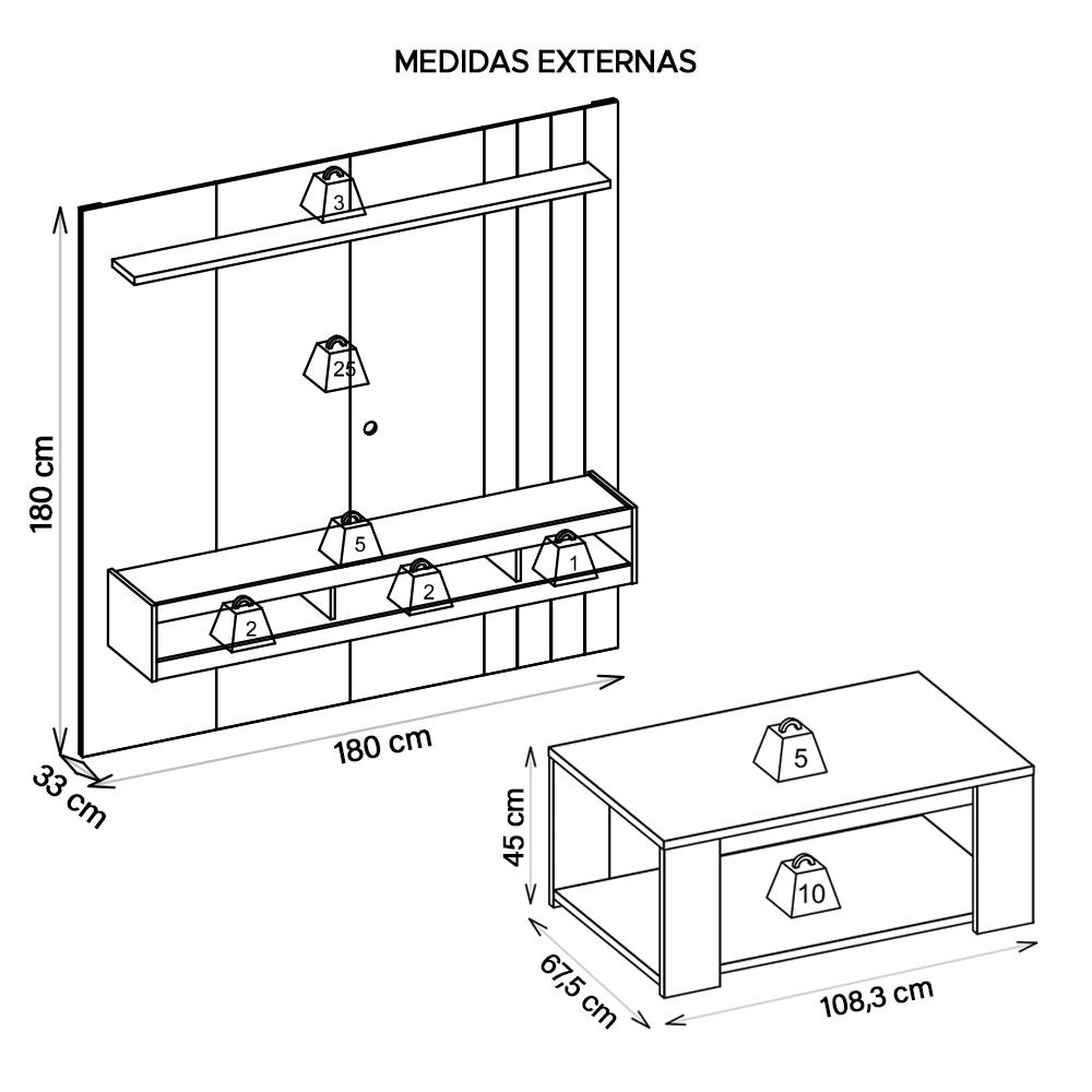 Conjunto Sala de Estar Painel Mesa Marrom Norton Caemmun