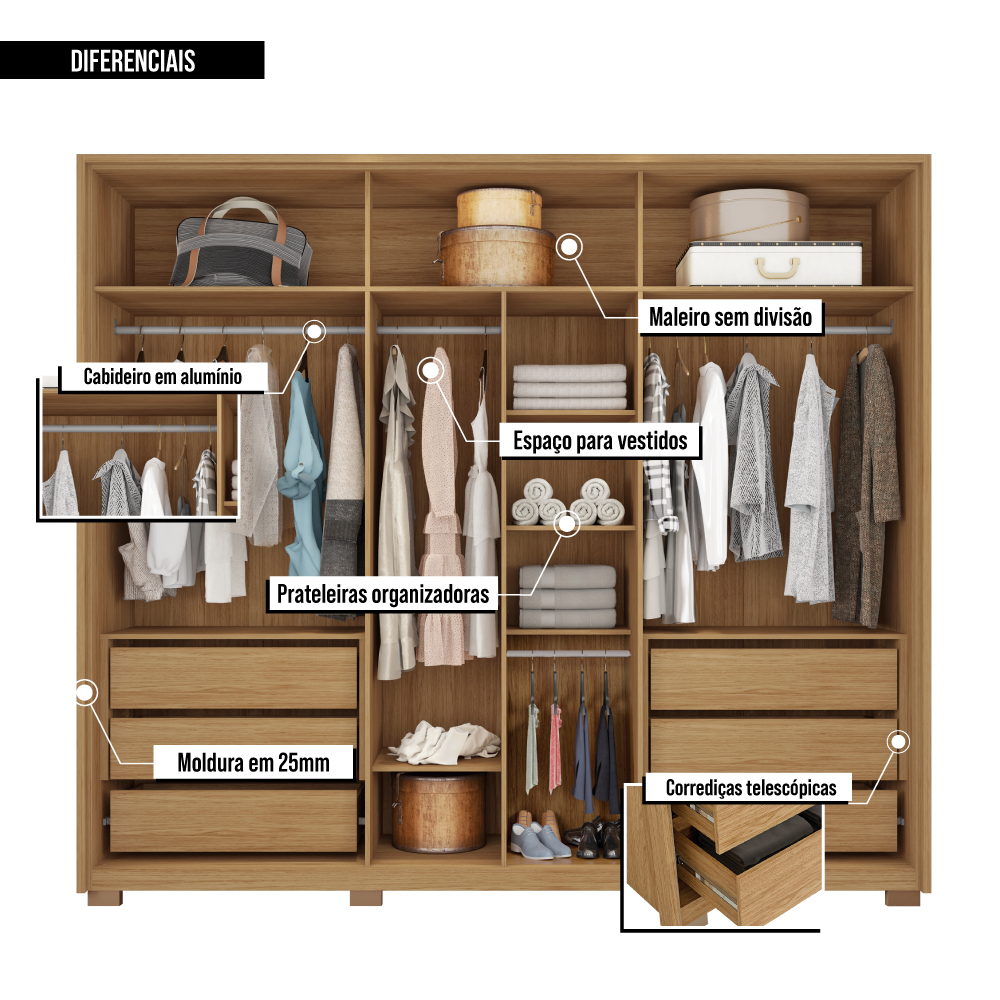 Guarda Roupa Casal Grande 6 Portas 6 Gavetas Marrom Apollo