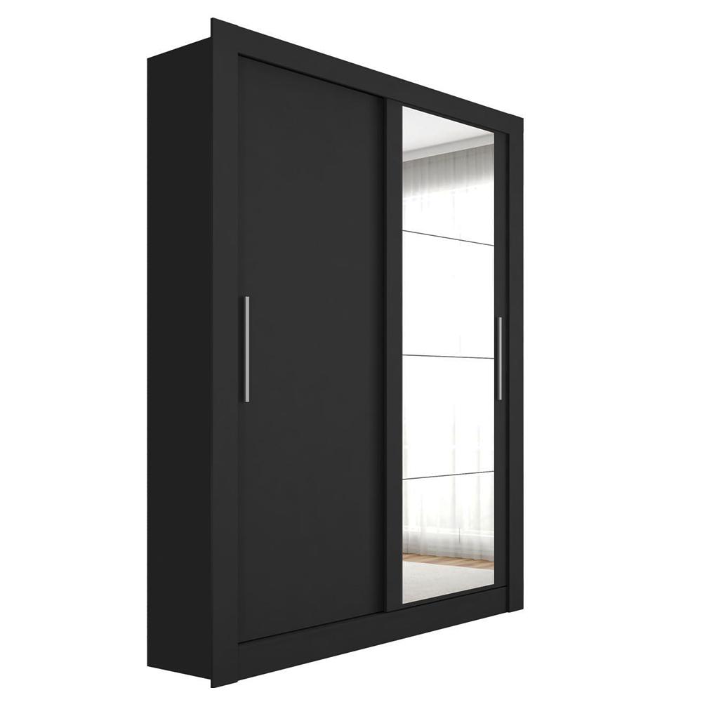 Guarda Roupa Solteiro Com Espelho 2 Portas 2 Gavetas Preto