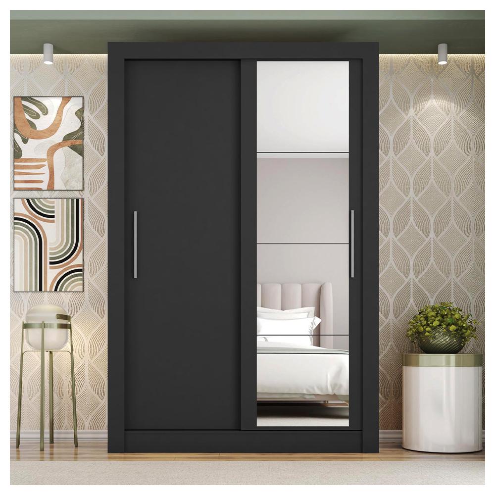 Guarda Roupa Solteiro Com Espelho 2 Portas 2 Gavetas Preto