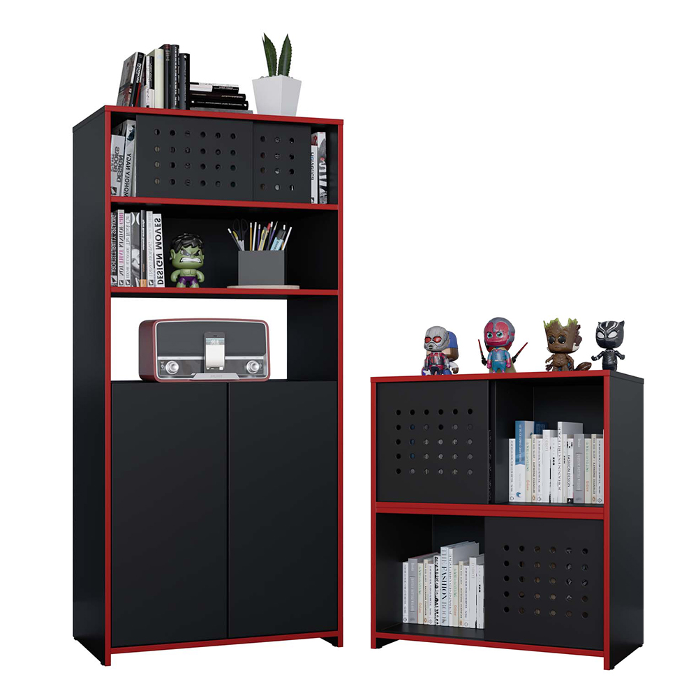Kit Armário Alto Baixo Gamer Escritório Pixel Preto Caemmun