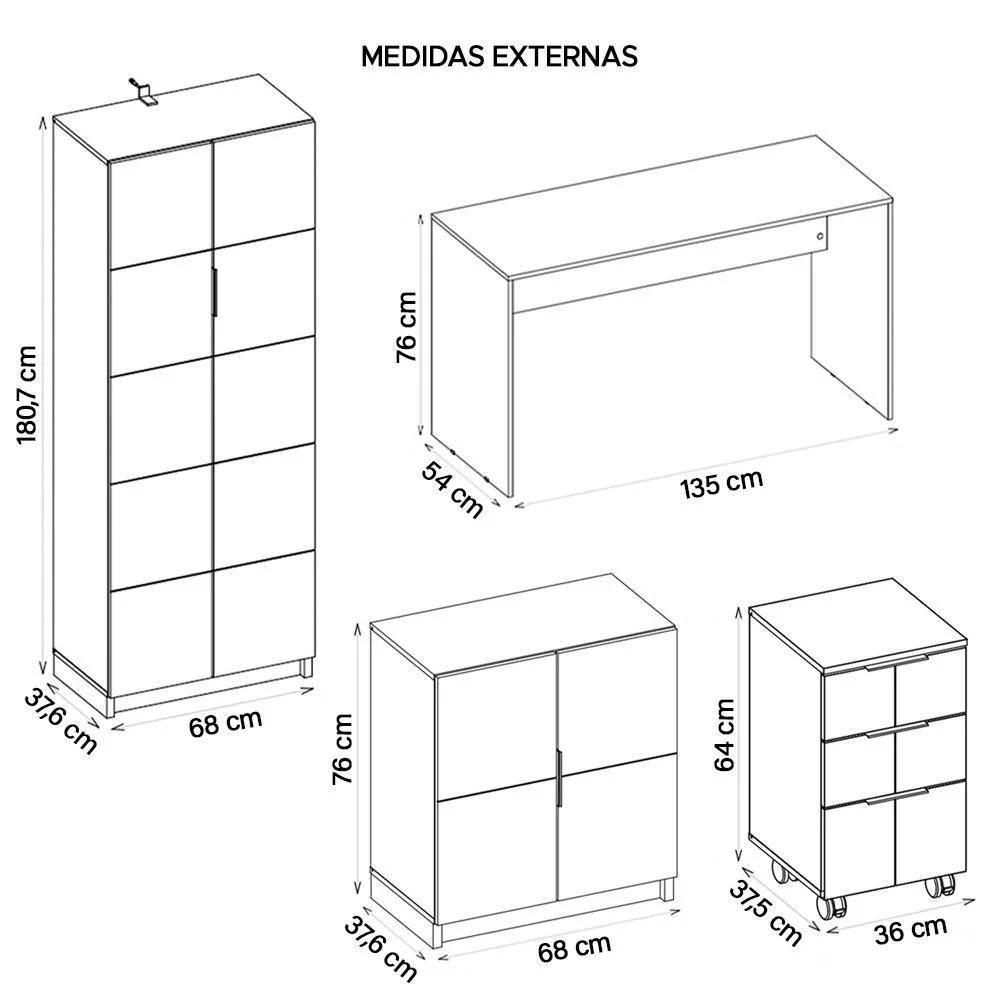 Kit Conjunto Para Escritório 5 Peças Cubic Branco Caemmun