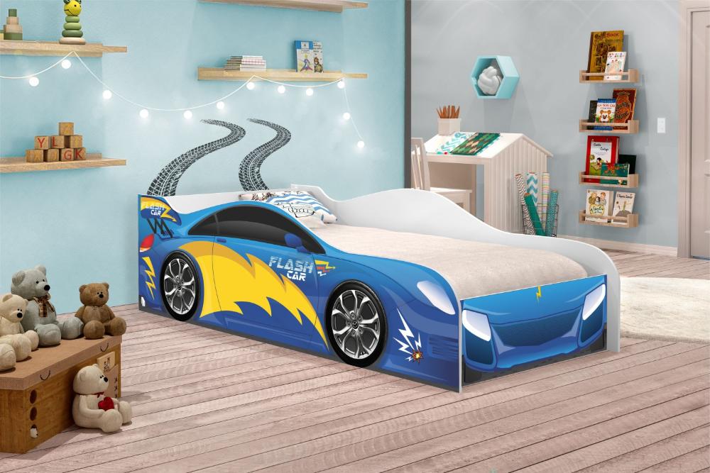 Cama Carro Fast Menino Azul Solteiro Com Colchão
