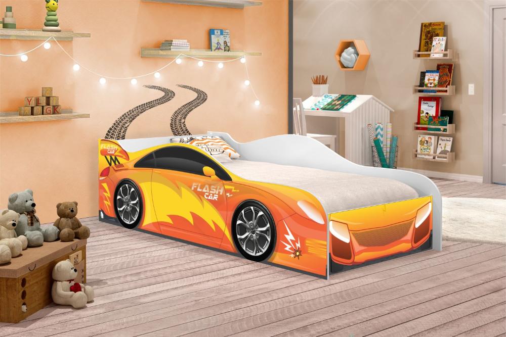 Cama Carro Fast Menino Laranja Solteiro Com Colchão
