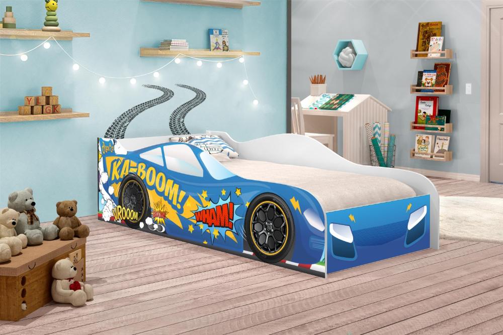 Cama Carro Kaboom Azul Solteiro Com Colchão