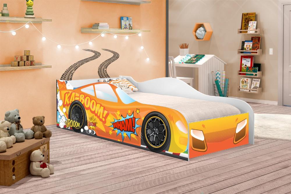 Cama Carro Kaboom Laranja Solteiro Com Colchão