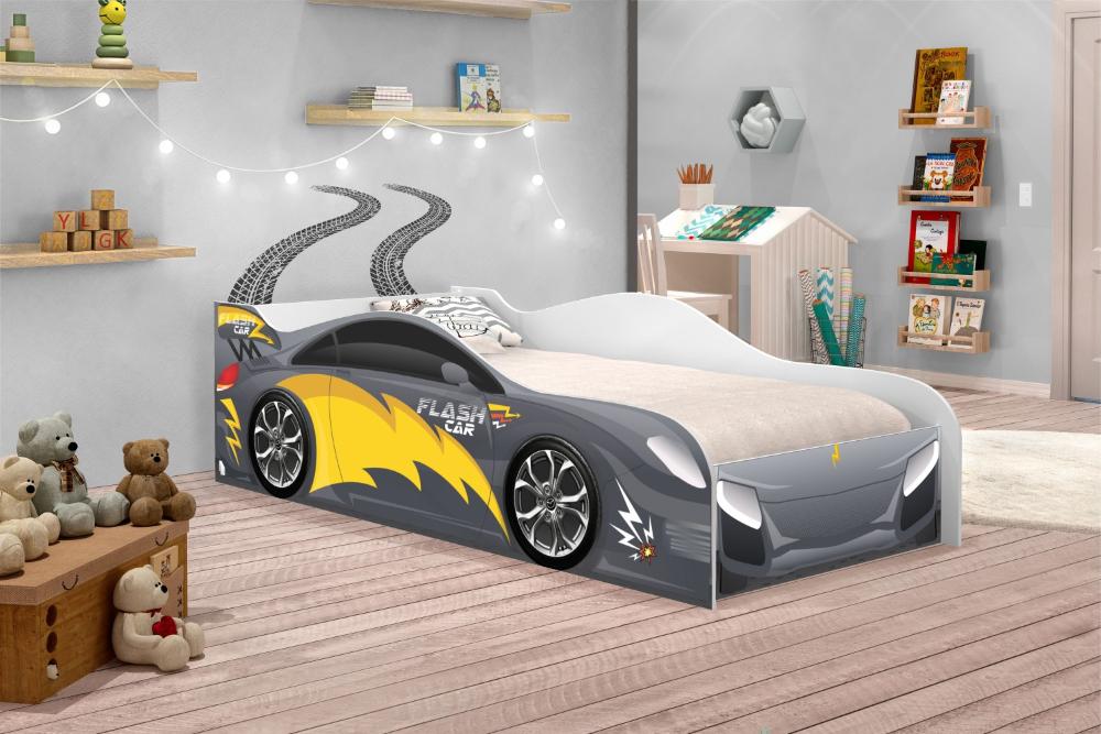 Cama Carro Menino Chumbo Solteiro Com Colchão