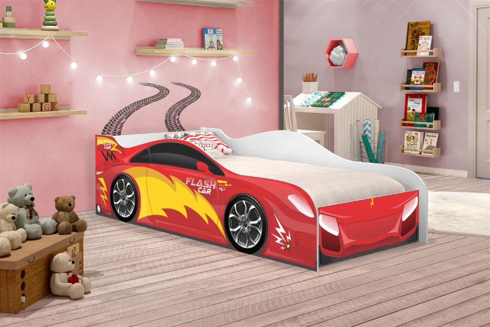 Cama Carro Menino Vermelho Solteiro Com Colchão