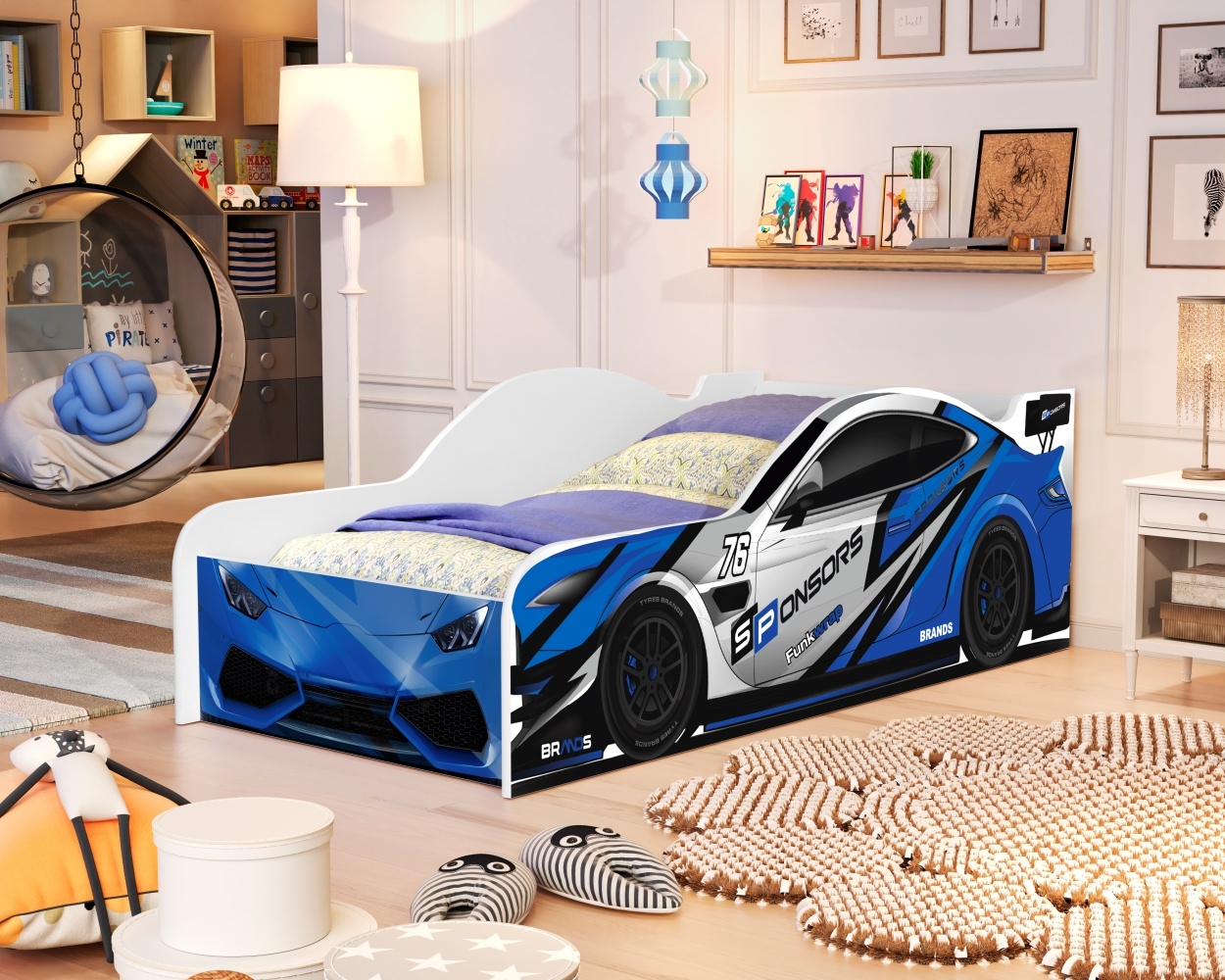 Cama Carro Solteiro Azul Full com Colchão