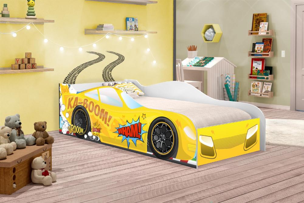 Cama Carro Vrooom Amarelo Solteiro Com Colchão