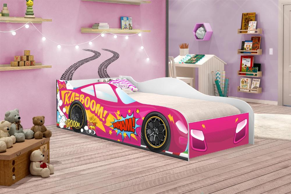 Cama Carro Vrooom Pink Solteiro Com Colchão