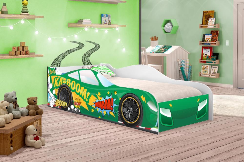 Cama Carro Vrooom Verde Solteiro Com Colchão